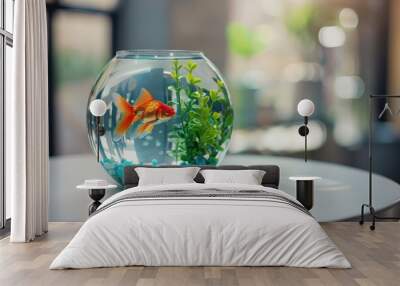 Round glass aquarium with small bright goldfish on white table indoors Room for text Wall mural