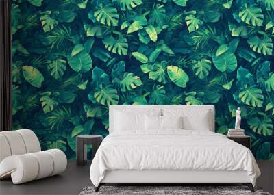 Seamless texture of tropical leaves in colorful colors Wall mural