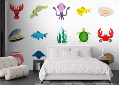 Set of seafood flat icons. Pictogram for web. Sea animals simple symbols. Shrimp, fish, crab, oyster and other ocean animals isolated on white background. Vector eps10 Wall mural