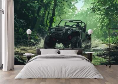 A buggy rides at through the jungle. Extreme. Splashes, dirt, branches, stones. Off-road racing. Auto-sport. Generative ai. Jungle. Sport Wall mural