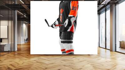 Hockey player in a helmet and gloves and a stick in his hands on a white background. Professional hockey player. Isolated. Sports emotions Wall mural