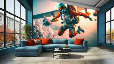 Parachuting. Paratroopers or parachutist free-falling and descending with parachutes. Action sport. Generative AI. Sky Wall mural