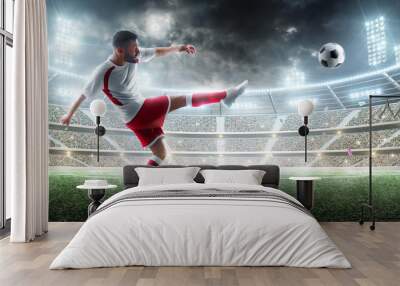 Sport. Professional soccer player kicking a ball. Night 3d stadium with fans and flags. Soccer concept. Soccer action Wall mural