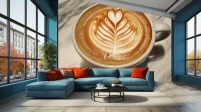 Show a beautifully crafted coffee drink in a trendy cafÃ©, with latte art. --ar 16:9 --v 6.1 Job ID: b81da23c-5082-4039-9d7b-c6ac15c770a8 Wall mural