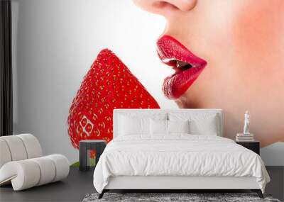 sexy woman eating strawberry, sensual red lips Wall mural