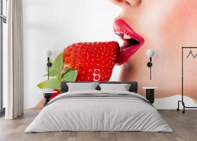 sexy woman eating strawberry, sensual red lips Wall mural