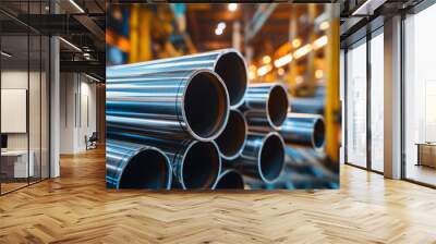 Stack of stainless steel pipes in a factory Wall mural