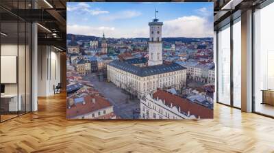 View on Lviv city hall from drone Wall mural