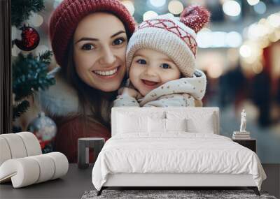 Young mother holds her daughter in her arms near the Christmas tree Wall mural