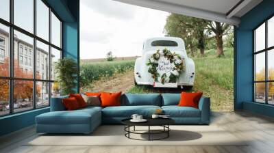 Beautiful wedding car with plate JUST MARRIED Wall mural