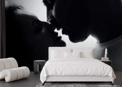 Couple kissing near window. Man and woman in darkness. Sweet taste of your lips Wall mural