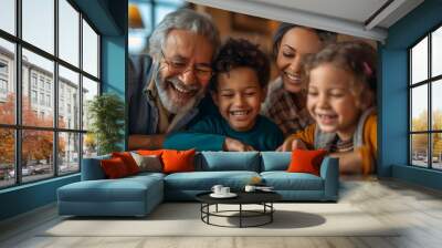 A happy family plays a board game at home. Grandpa and his grandchildren spend time together. Wall mural