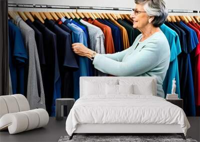 An elderly woman chooses clothes in a store Wall mural