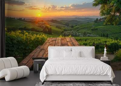 An empty wooden table for product display. Blurred vineyard in the background Wall mural