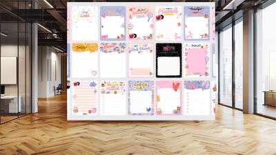 Collection of weekly or daily planner, note paper, to do list, stickers templates decorated by cute love illustrations and inspirational quote. School scheduler and organizer. Flat vector Wall mural