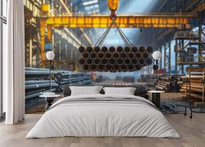 crane loading a stack of steel pipes in a metallurgical plant workshop Wall mural