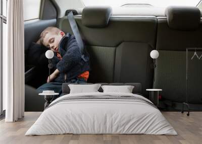 cute small child wearing warm jacket sleeping in inside car wearing seat belt Wall mural