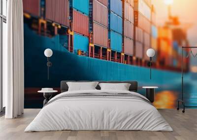 A close-up view of a cargo ship loaded with colorful containers, gliding through calm waters at sunset, showcasing the vastness of maritime transport and trade. Wall mural