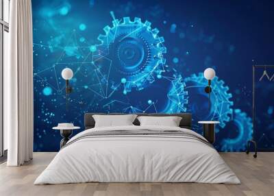 Conceptual illustration depicting gears and upward arrows, representing the mechanics of progress and innovation in business Wall mural