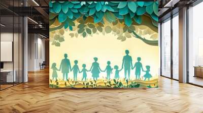 Design a heartwarming paper cut advertisement for a family reunion event, featuring a tree with family members as leaves Wall mural