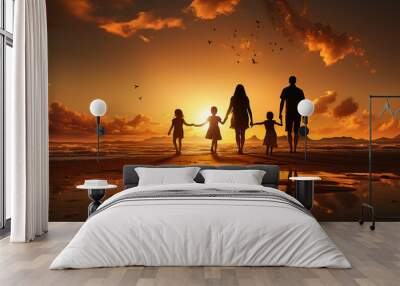 family looking for the cross on autumn sunrise background ,concept  : worship  and hope ,mother father and child daughter on nature,
,Silhouette of the family holding hands enjoying  Wall mural