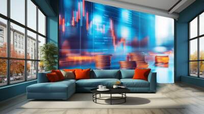 Vibrant financial graph overlaid with stacks of coins, symbolizing investment, growth, and modern finance in a digital world. Wall mural