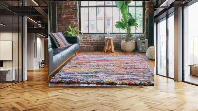 A colorful rag rug lies in the center of a cozy, eclectic living room, captured in high-quality magazine style Wall mural