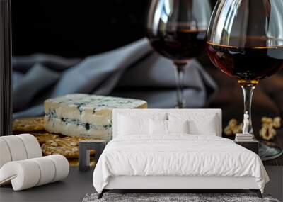 Blue cheese, a global favorite, combined with Walnut crackers and a Port wine, delivers a bold fusion of the pungent Blue cheese, the earthy crunch of Walnut crackers, and the sweet Port wine Wall mural