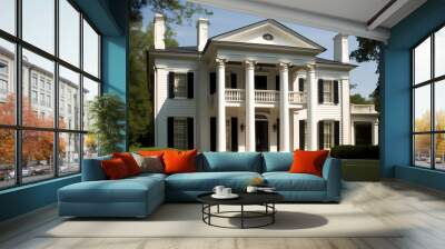 Greek Revival Style House - Originated in the late 18th and early 19th century in the United States, characterized by a symmetrical design with columns, pediments, and a front porch (Generative AI) Wall mural