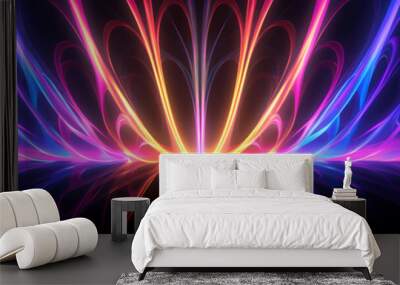 Ultra-wide composition, neon lights with an inner glow electrify the canvas against a sleek black background, creating a mesmerizing interplay of vibrant hues that illuminate the scene Wall mural