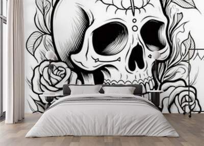 Halloween colouring page with a skeleton as the subject Wall mural