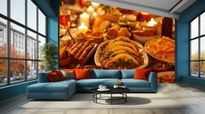 A table with Mexican dishes. Traditional Mexican dishes like tacos, enchiladas, guacamole, and churros are beautifully laid out on the table. Wall mural