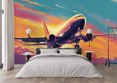 a vibrant poster for National Aviation Day, showcasing a modern jet taking off against the backdrop of a sunset. Wall mural