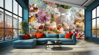 Dessert table featuring an array of cakes, cookies, and pastries, with a cup of tea and a vase of flowers in the background, set in a charming bakery setting. Wall mural