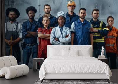 professional group portrait for Labor Day, where each person is dressed in the uniform of their trade. Wall mural