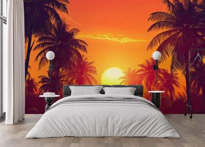 Sunset background with palm trees. Wall mural