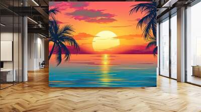 Sunset background with palm trees. Wall mural