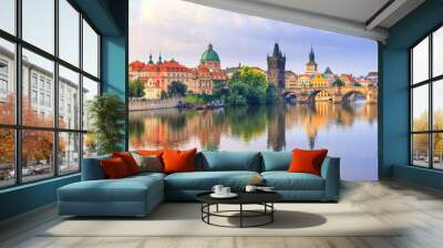 City summer landscape at sunrise, banner - view of the Charles Bridge and the Vltava river in the historical center of Prague, Czech Republic Wall mural