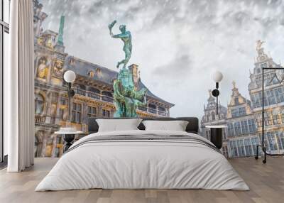 Cityscape - winter view of the Brabo fountain and the Stadhuis (building City Hall) at the Grote Markt (Main Square) of Antwerp, in Belgium Wall mural