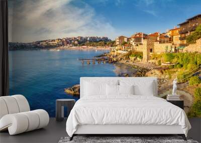 Coastal landscape banner, panorama - embankment with fortress wall in the city of Sozopol on the Black Sea coast in Bulgaria Wall mural