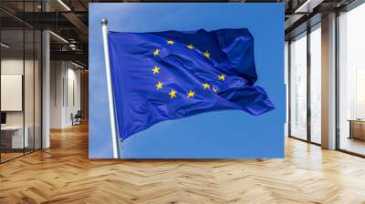 Flag of the European Union waving in the wind on flagpole against the sky with clouds on sunny day, close-up Wall mural