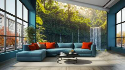 Tropical landscape, banner - view of a river with a waterfall in a tropical rainforest, jungle. Created using generative AI tools Wall mural