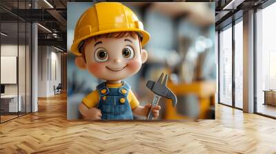 A cartoon boy wearing a yellow hard hat and holding a hammer. Wall mural