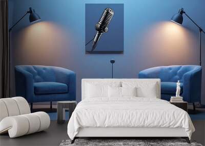 A cozy living room with two armchairs, a coffee table, and a picture of a microphone on the wall. Wall mural