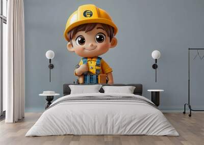 A cute cartoon construction worker in a yellow hard hat with a wrench in his hand. Wall mural