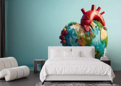 A red heart shaped like a human heart rests on top of a miniature Earth, surrounded by green plants and flowers, against a light blue background. Wall mural