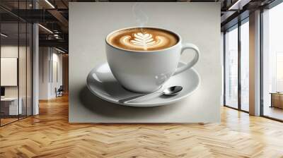 A steaming cup of latte with a beautiful heart design in the foam. Wall mural