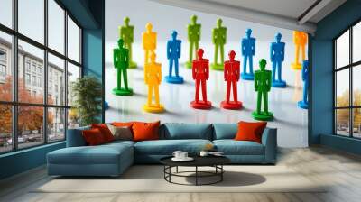 Colorful toy soldier figurines standing in a row on a white reflective surface. Wall mural