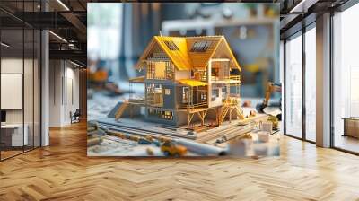 Construction site miniature model with yellow excavator and blueprints. Wall mural