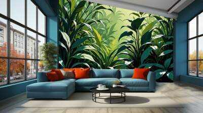 Lush green foliage fills the frame, creating a sense of mystery and intrigue. Wall mural